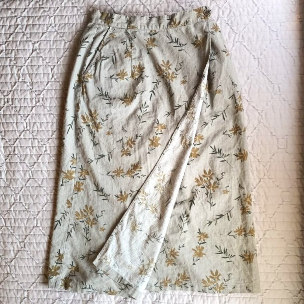 100% Linen/Cotton Blend Floral Midi Wrap Skirt - L.L. Bean - Adjustable